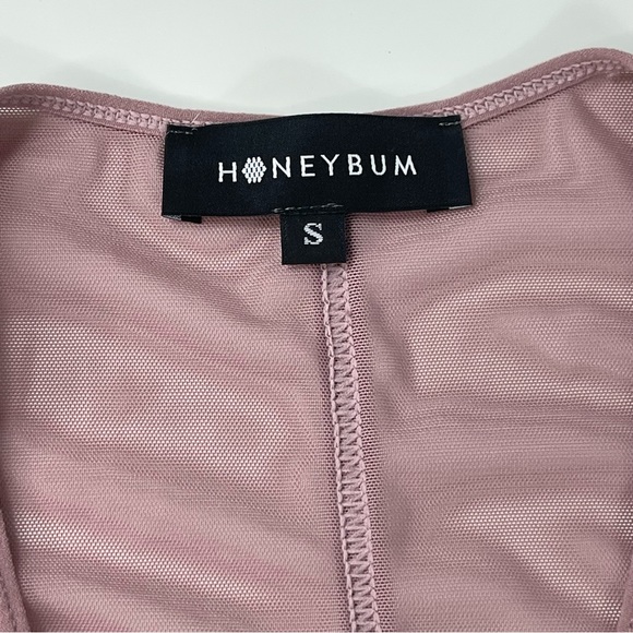 HONEYBUM bodysuit LONG SLEEVES sheer lightweight mesh like V neck mauve pink S - Picture 4 of 11
